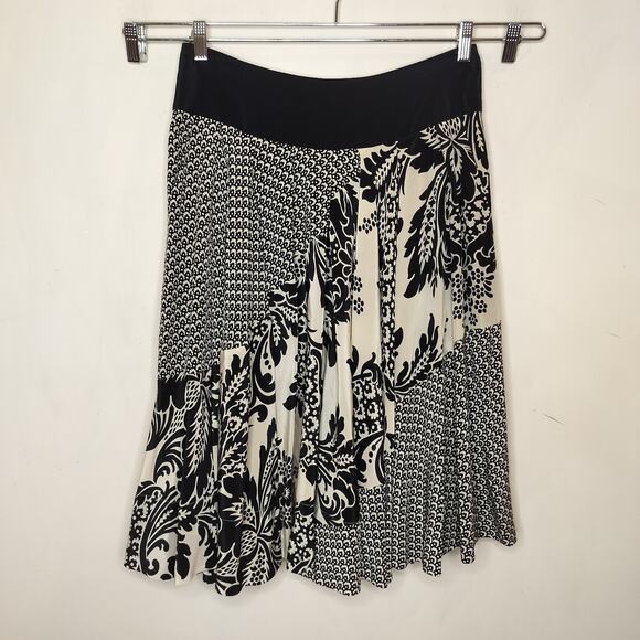 DKNY Silk Floral Skirt Flowy Flare Midi Black Cream - Picture 1 of 8